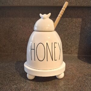 Rae Dunn White Ceramic 'HONEY' Jar with Wooden Dipper